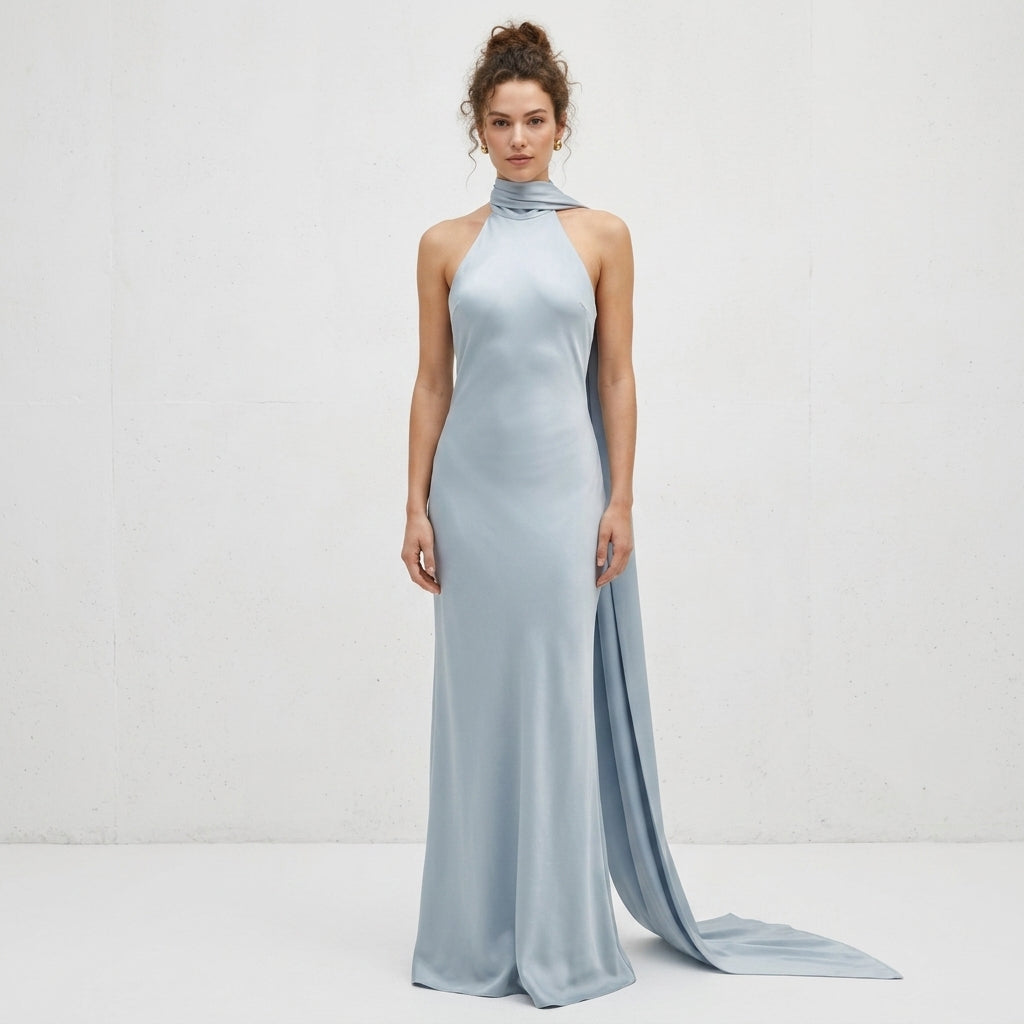 Joanna | Sukienki Wieczorowe Burgundowa Satynowa Maxi Halter