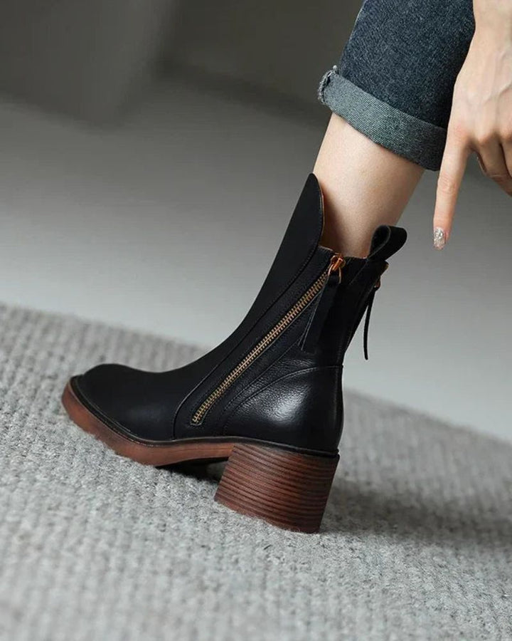 Monika | Botki Damskie na Słupku Skórzane Czarne