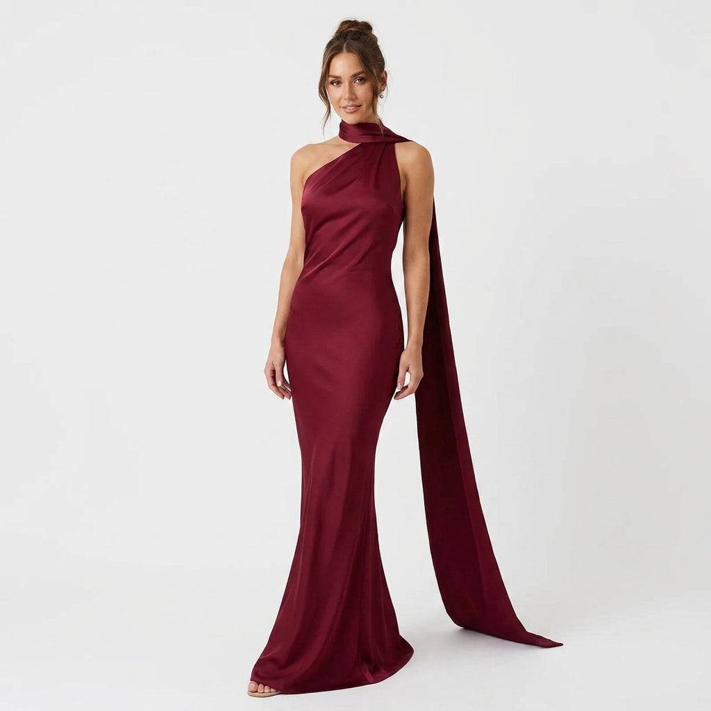 Joanna | Sukienki Wieczorowe Burgundowa Satynowa Maxi Halter