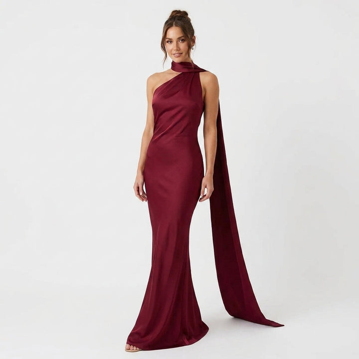 Joanna | Sukienki Wieczorowe Burgundowa Satynowa Maxi Halter