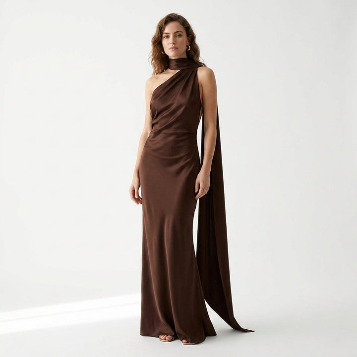 Joanna | Sukienki Wieczorowe Burgundowa Satynowa Maxi Halter