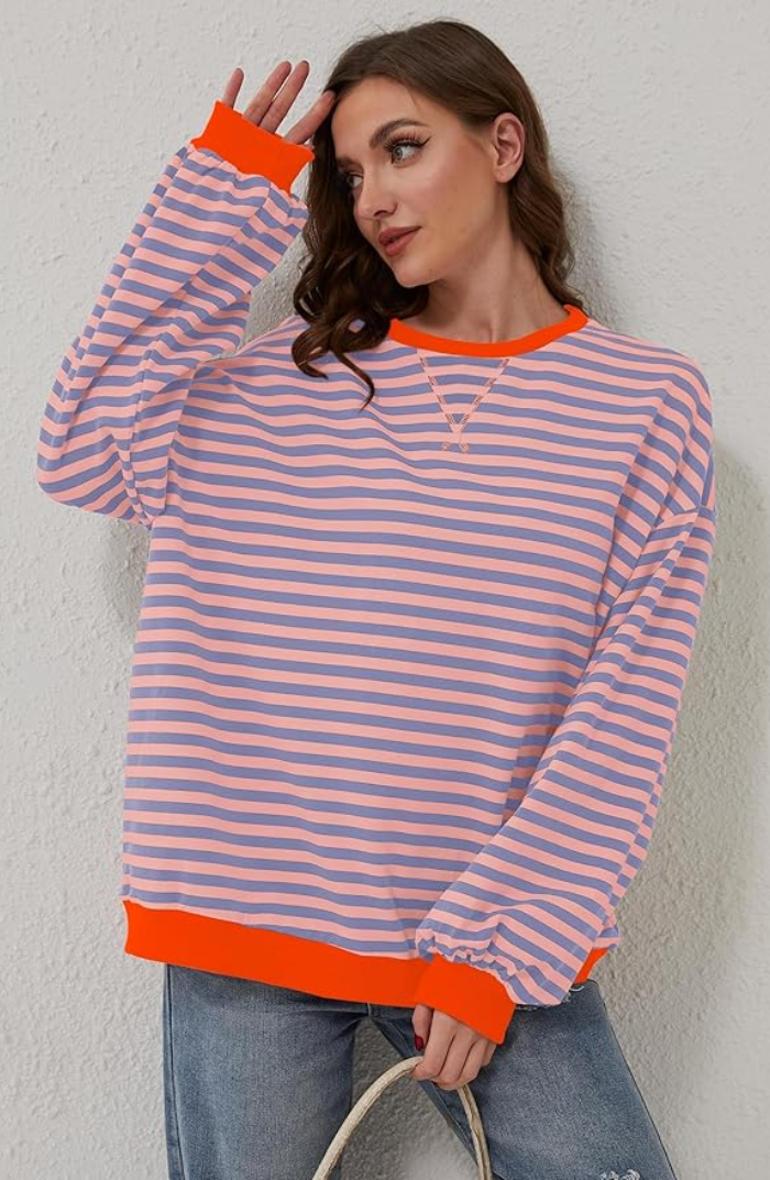 Sandra | Blu Sweter w Paski Oversize Damski