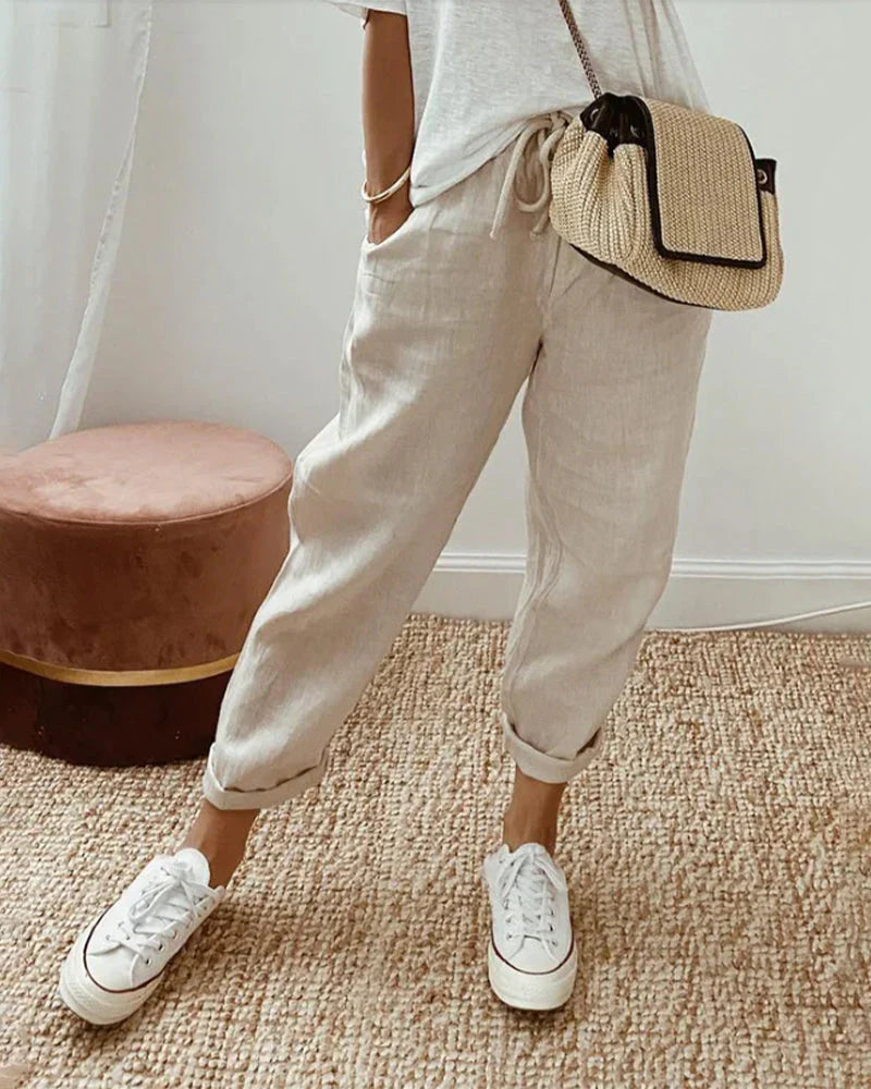 Aleksandra | Lniane Spodnie z Kieszeniami Relaxed Fit