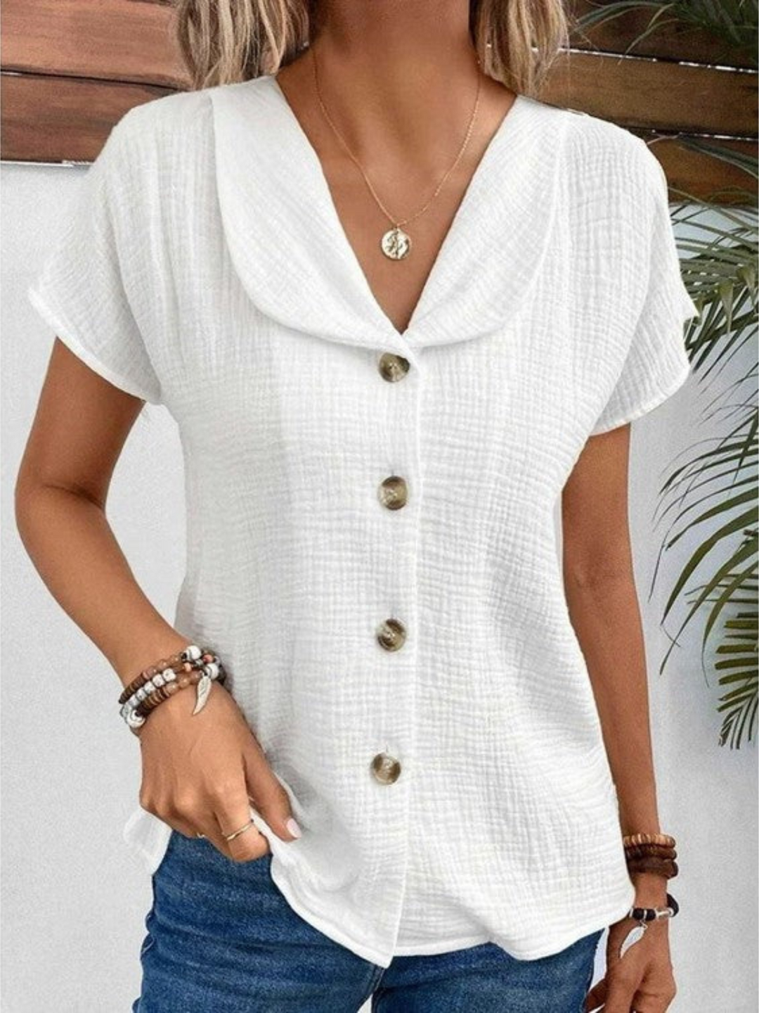 Wiktoria | Biała Bawełniana Koszula z Kołnierzykiem V-Neck