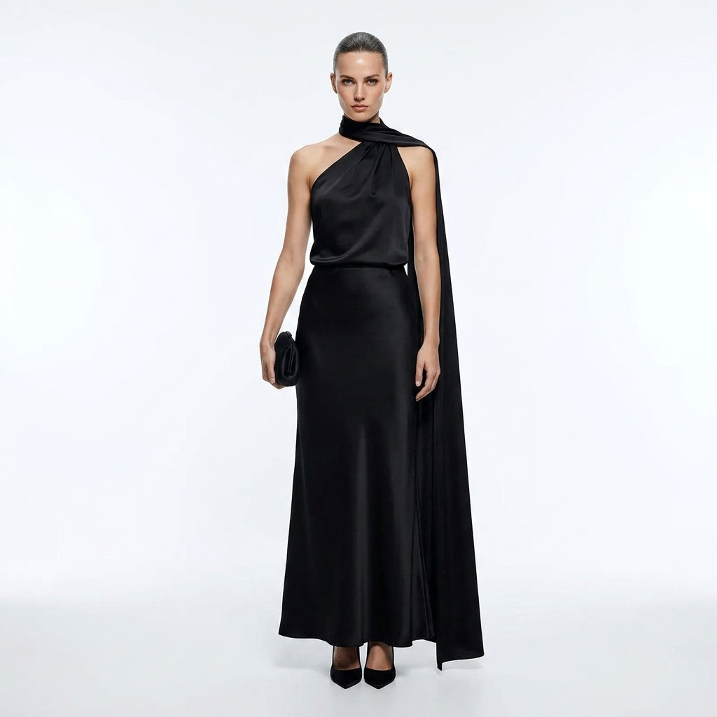 Joanna | Sukienki Wieczorowe Burgundowa Satynowa Maxi Halter
