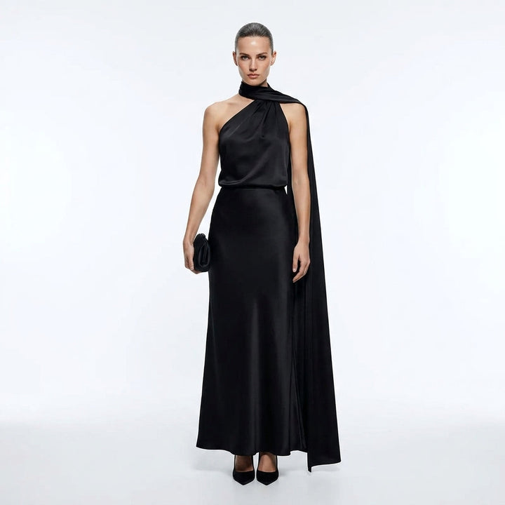 Joanna | Sukienki Wieczorowe Burgundowa Satynowa Maxi Halter