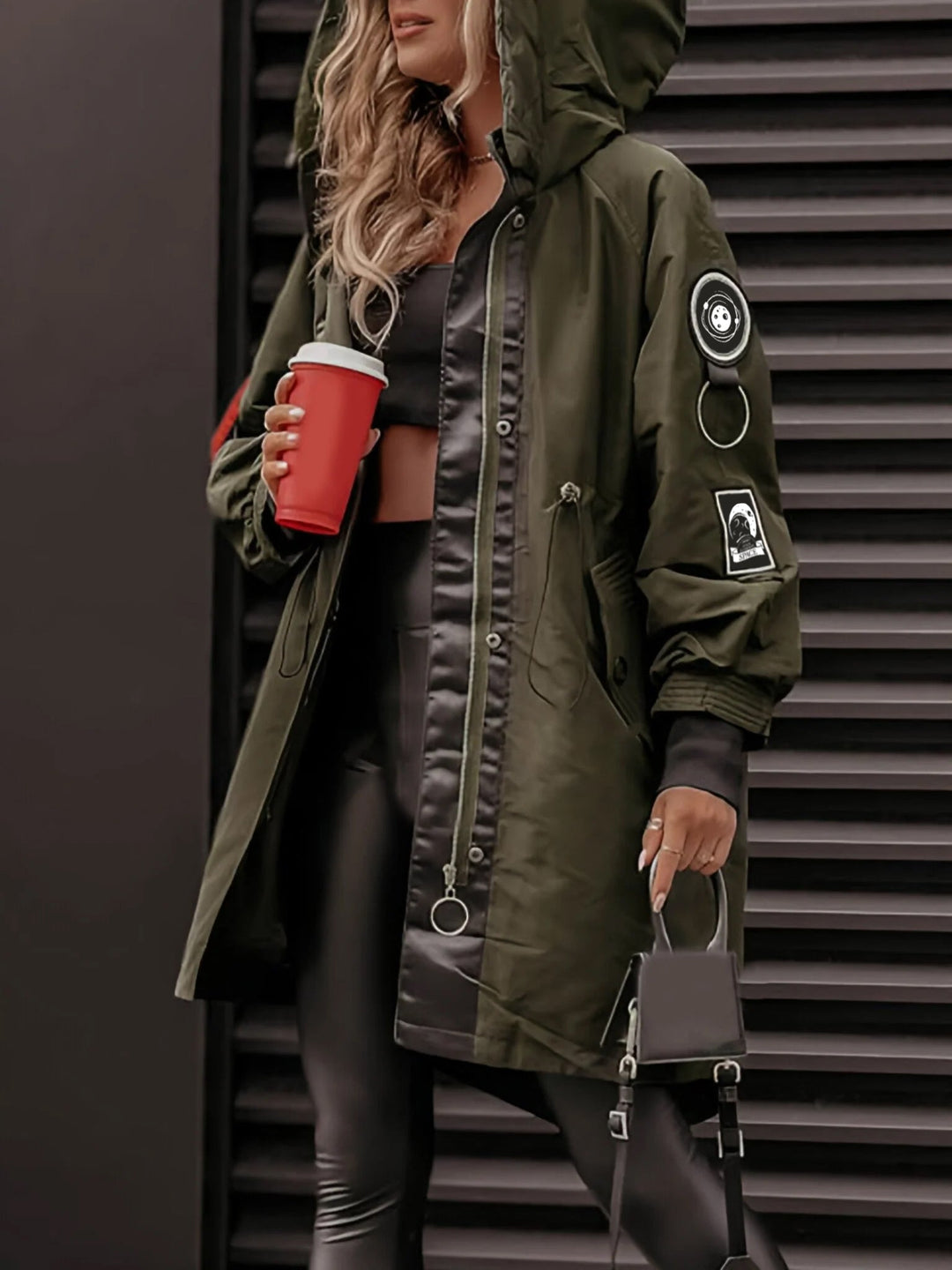 Monika | Khaki Parka z Kapturem Długi Rękaw