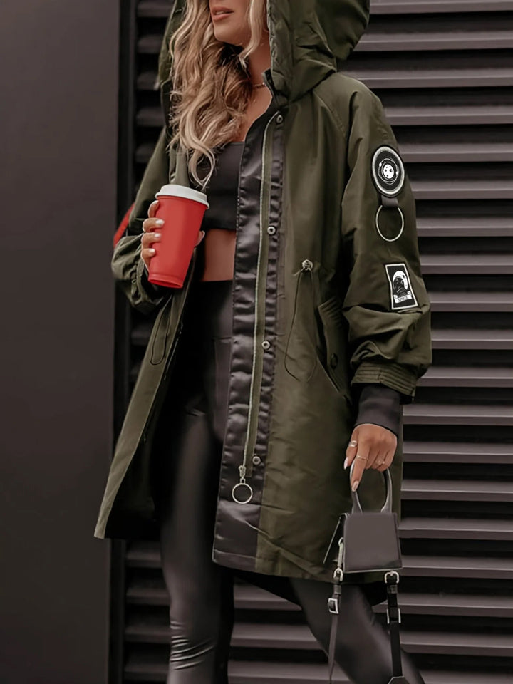 Monika | Khaki Parka z Kapturem Długi Rękaw