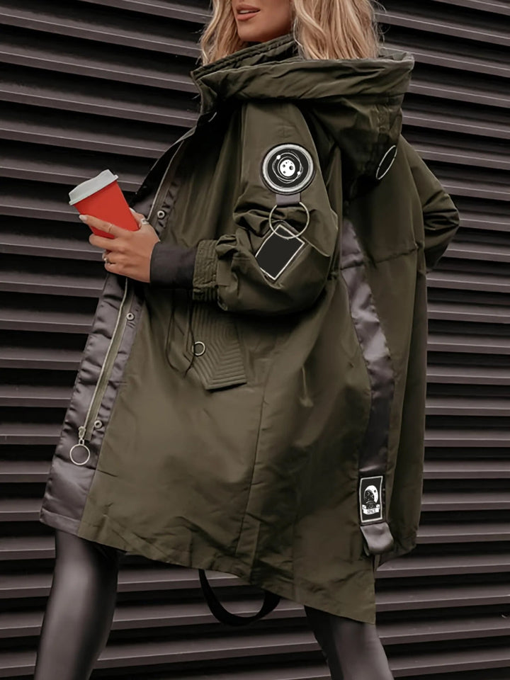 Monika | Khaki Parka z Kapturem Długi Rękaw