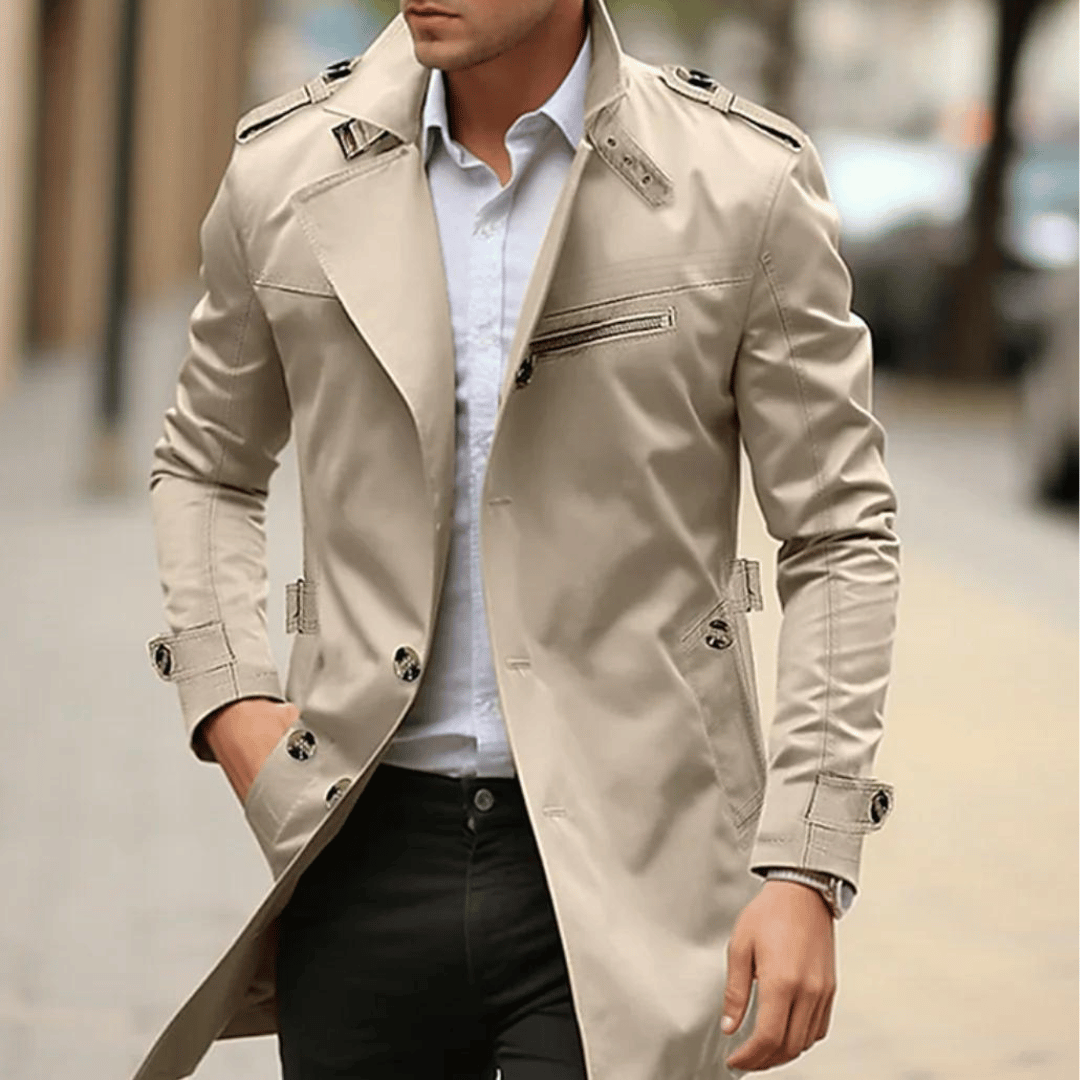 Antoni | Męski Płaszcz Trench Khaki Dopasowany