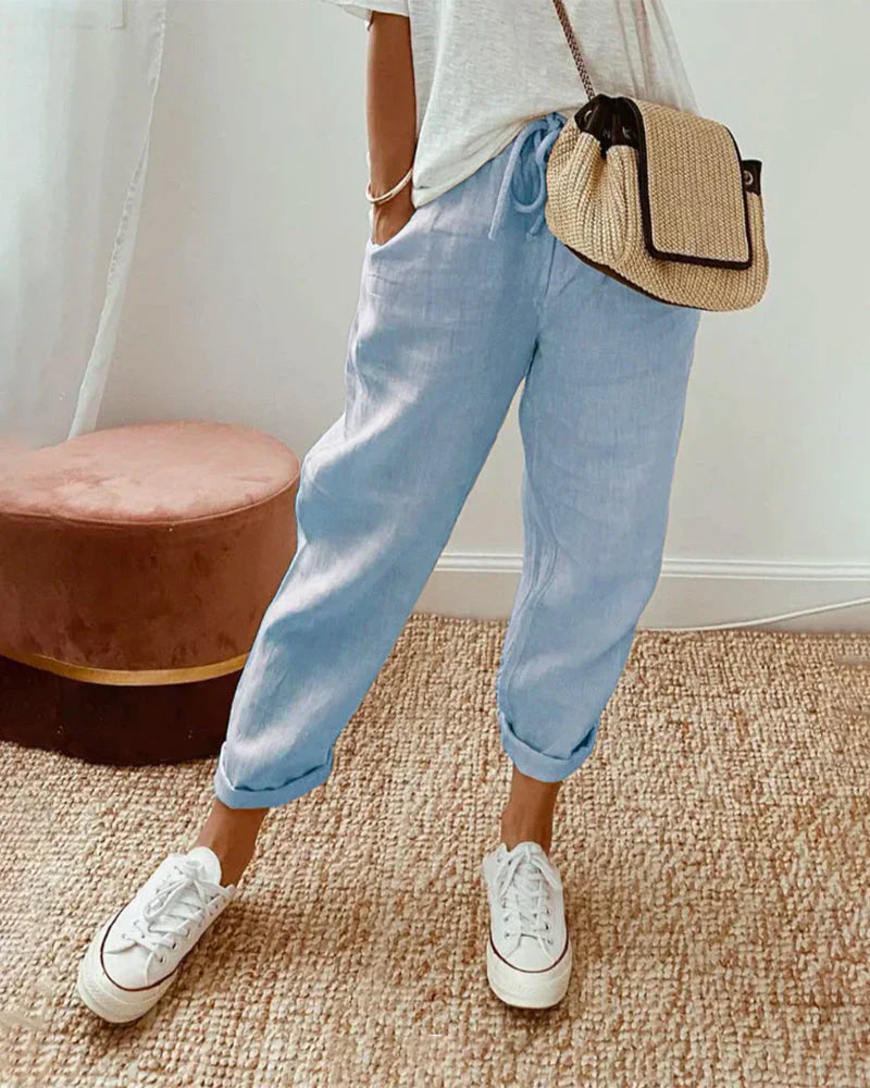 Aleksandra | Lniane Spodnie z Kieszeniami Relaxed Fit