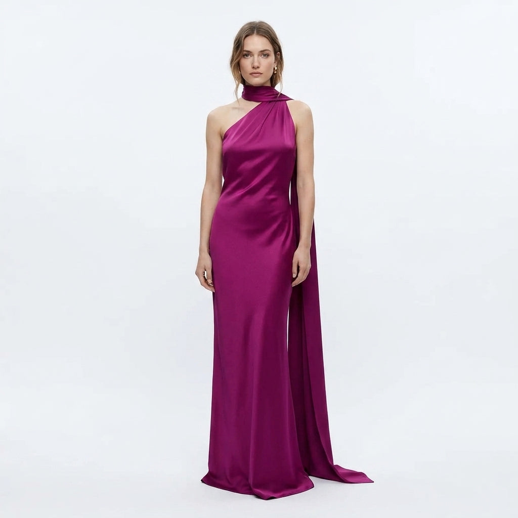 Joanna | Sukienki Wieczorowe Burgundowa Satynowa Maxi Halter