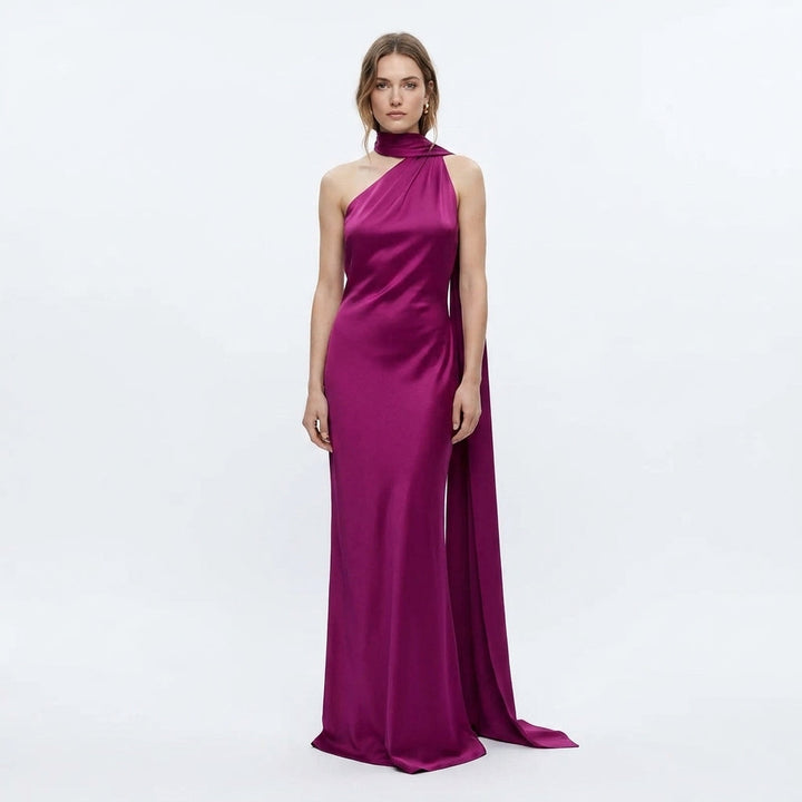 Joanna | Sukienki Wieczorowe Burgundowa Satynowa Maxi Halter