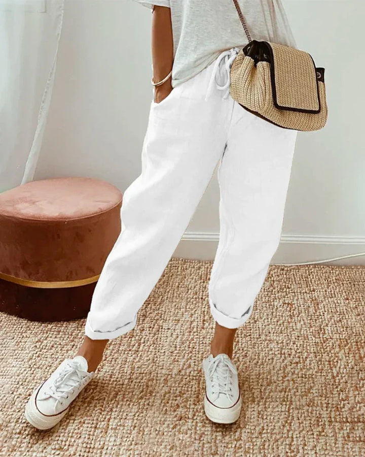 Aleksandra | Lniane Spodnie z Kieszeniami Relaxed Fit