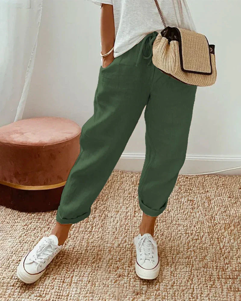 Aleksandra | Lniane Spodnie z Kieszeniami Relaxed Fit