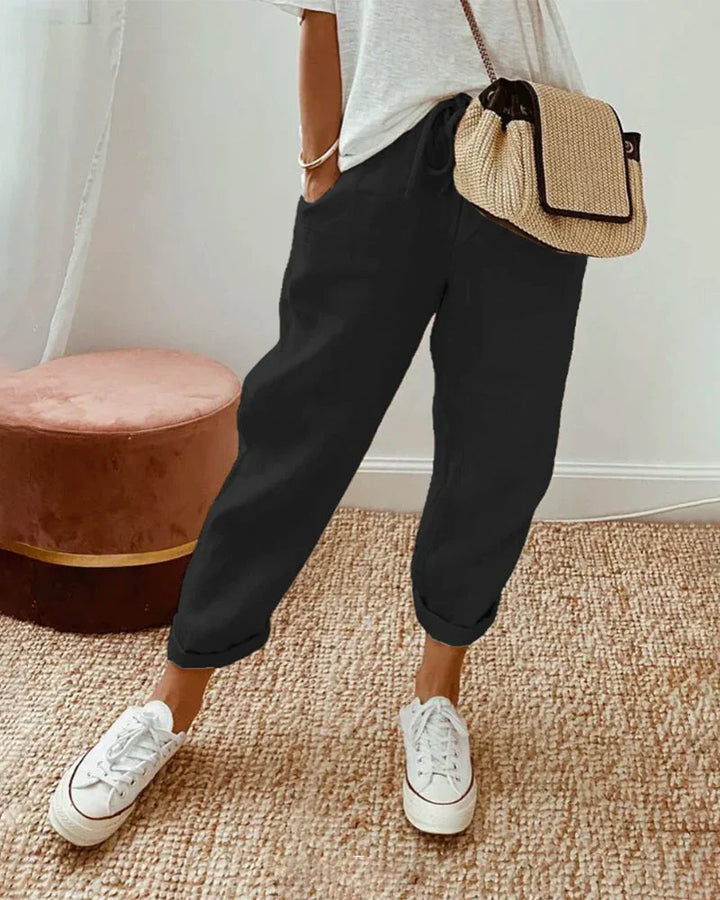 Aleksandra | Lniane Spodnie z Kieszeniami Relaxed Fit