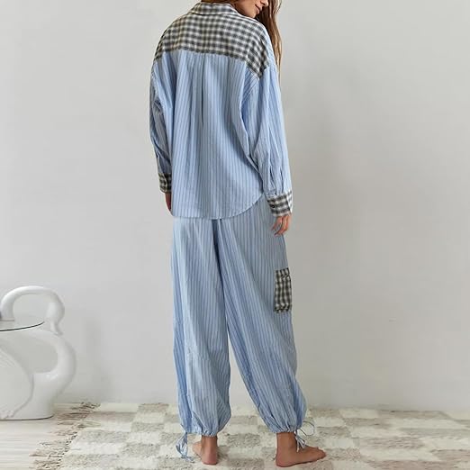 Monika | Koszula Nocna w Kratkę w Długim Rękawem