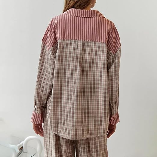 Monika | Koszula Nocna w Kratkę w Długim Rękawem