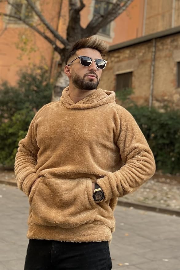Luca | Bluza z Kapturem Luźny Puszysty Polar Brązowy Długi Rękaw
