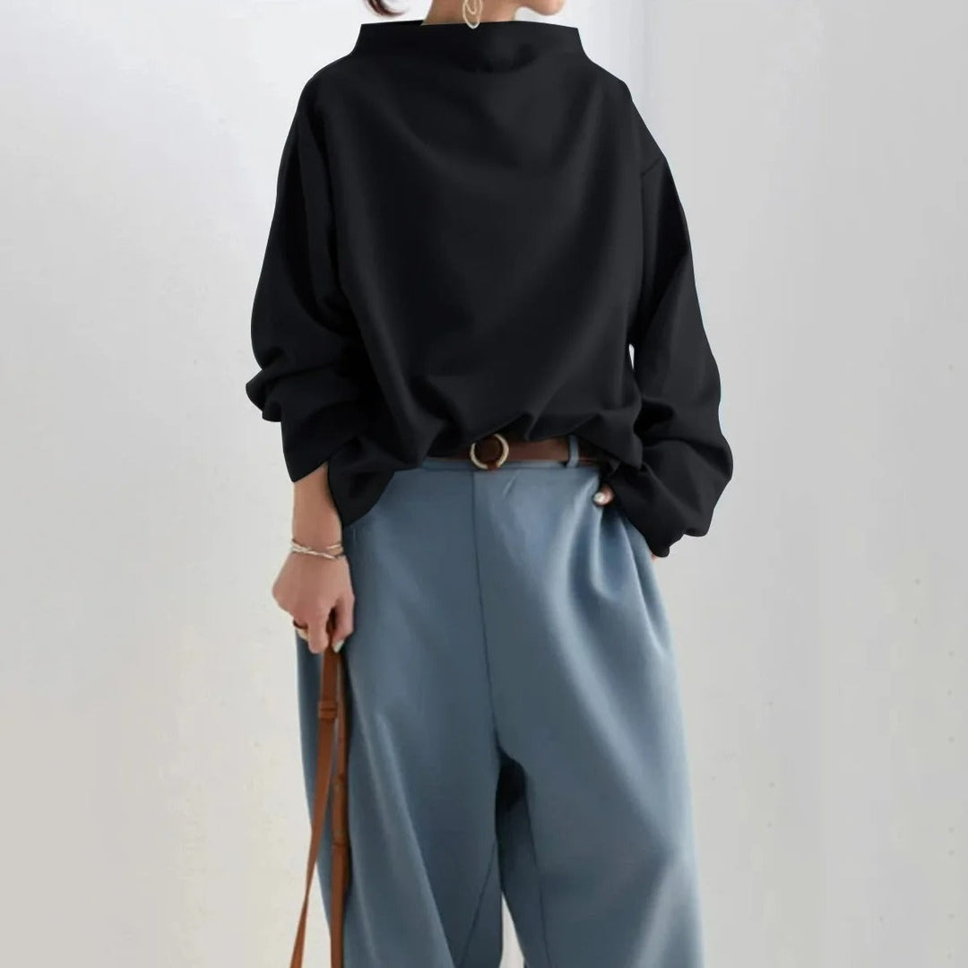 Emilia | Czarna Bluzka Oversize Długi Rękaw Golf