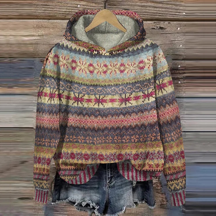 Sasza | Sweter z Kapturem we Wzór Fair Isle