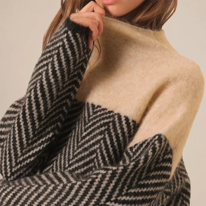 Gabriela | Damski Sweter Golf Dwukolorowy Wzór Jodełki Knitwear