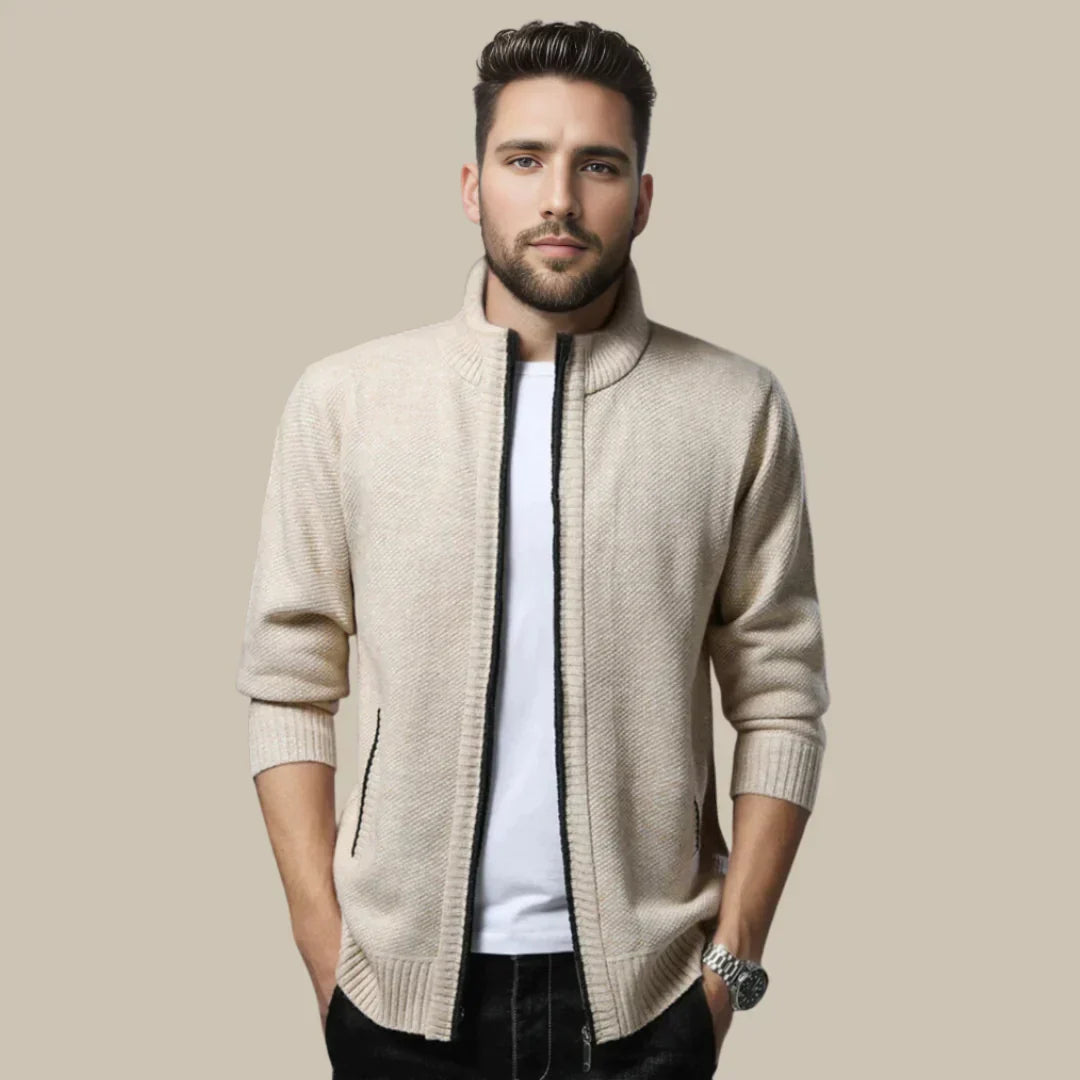 Marcel | Beżowa Dzianinowa Bluza Zapinana Stójka