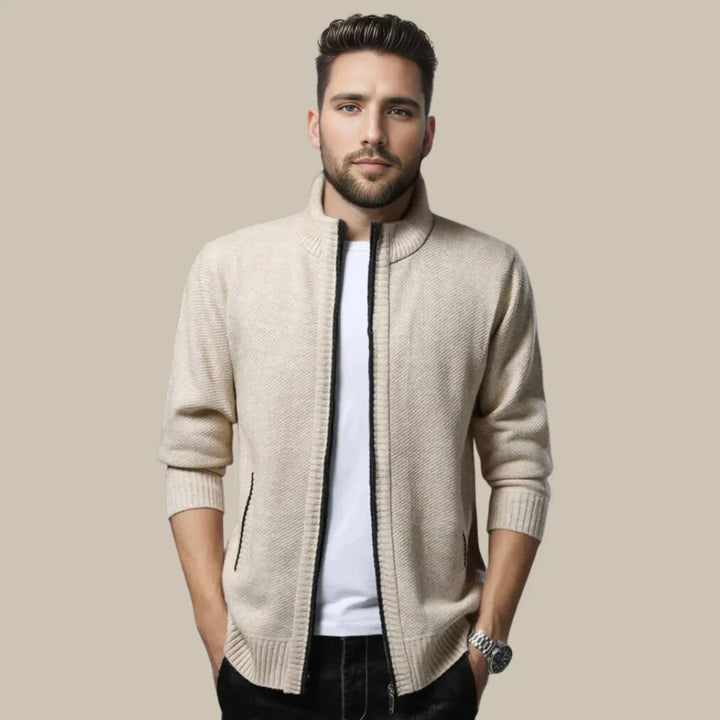 Marcel | Beżowa Dzianinowa Bluza Zapinana Stójka