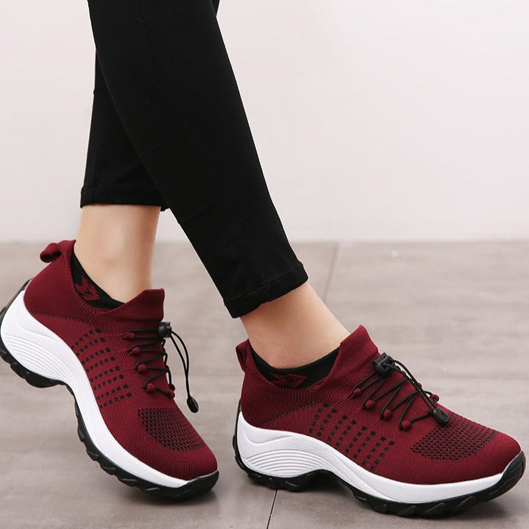Oliwia | Buty Sportowe Maroon Dzianinowe Sznurowane