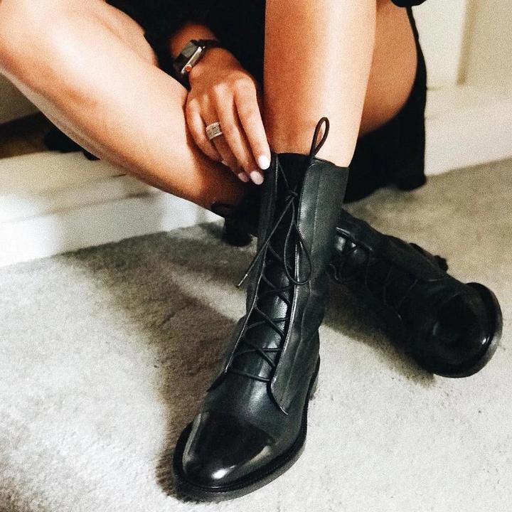 Barbara | Botki Damskie na Słupku Skórzane Czarne