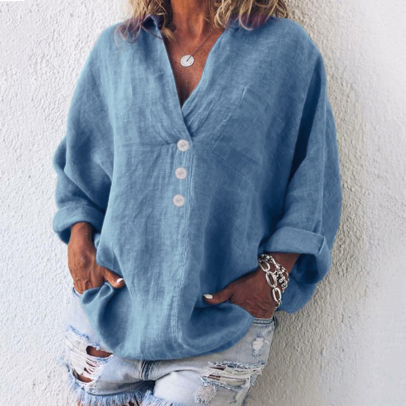 Anna | Różowa Lniana Koszula Oversize V-Neck