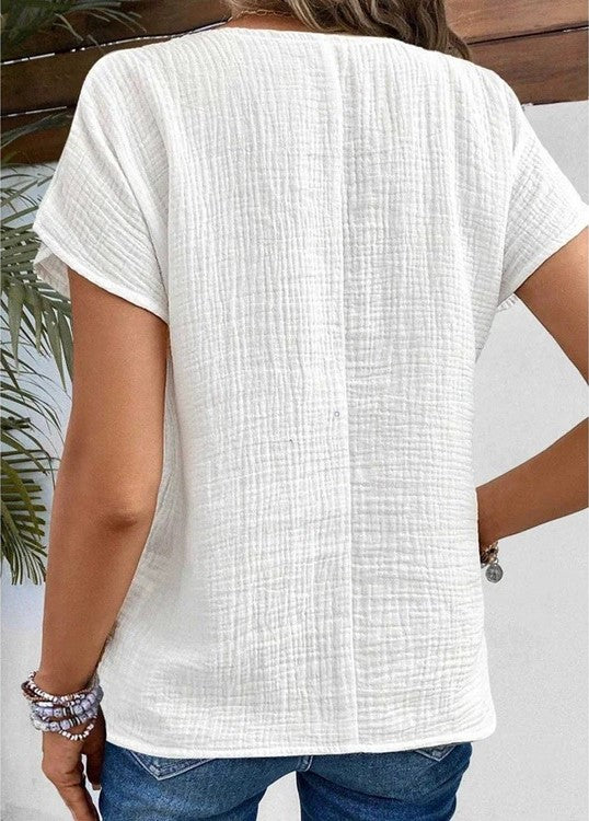 Iga | Biała Bawełniana Koszula Krótki Rękaw V-Neck