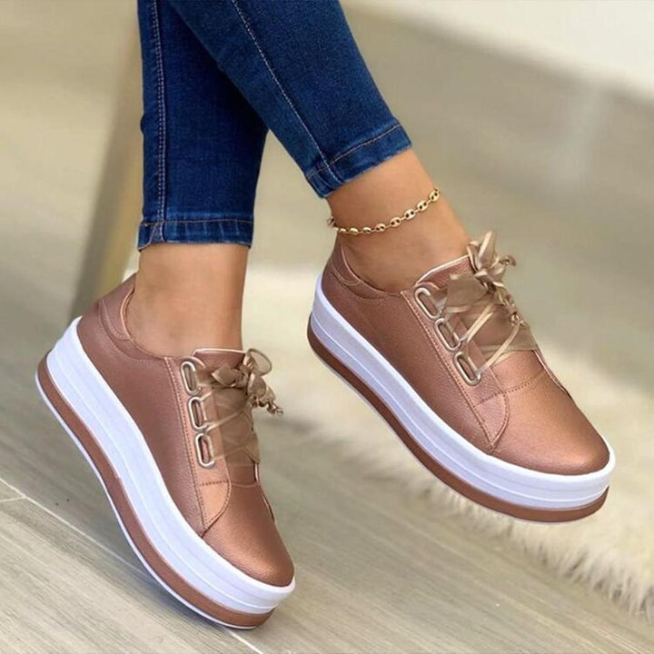 Gabriela | Złote Sneakersy Platformowe Wstążkowe Wiązane