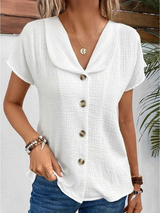 Paulina | Biała Koszulowa Bluzka z Bawełny V-Neck