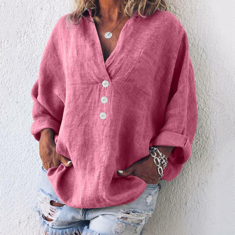 Anna | Różowa Lniana Koszula Oversize V-Neck