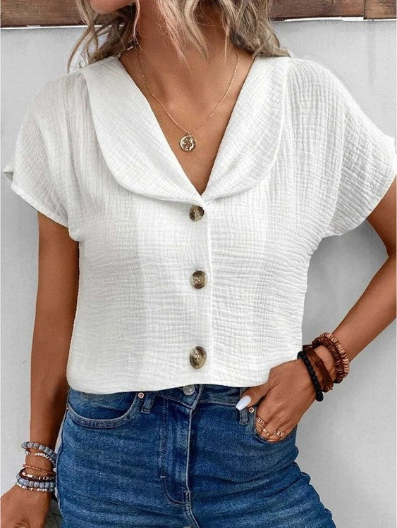 Iga | Biała Bawełniana Koszula Krótki Rękaw V-Neck