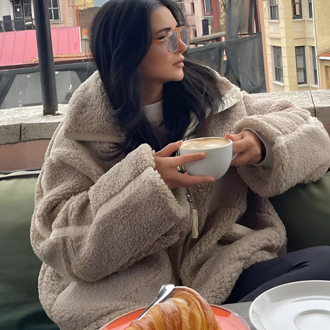 Julia | Kurtka Polarowa Off-White Zamek Kieszenie