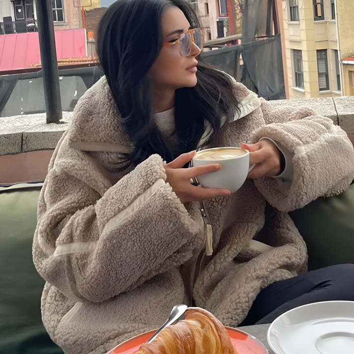 Julia | Kurtka Polarowa Off-White Zamek Kieszenie