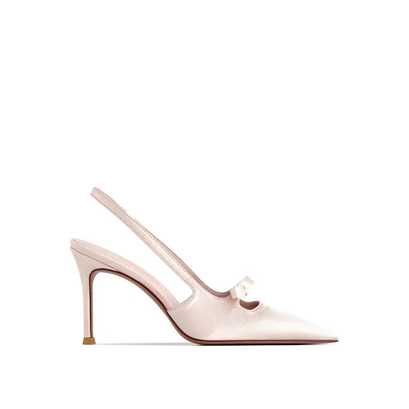 Liliana | Różowe Satinowe Szpilki Slingback z Kokardą