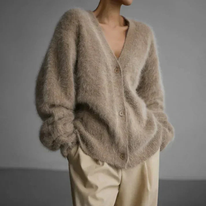 Jagoda | Moherowy Kardigan Damski Beżowy V-Neck
