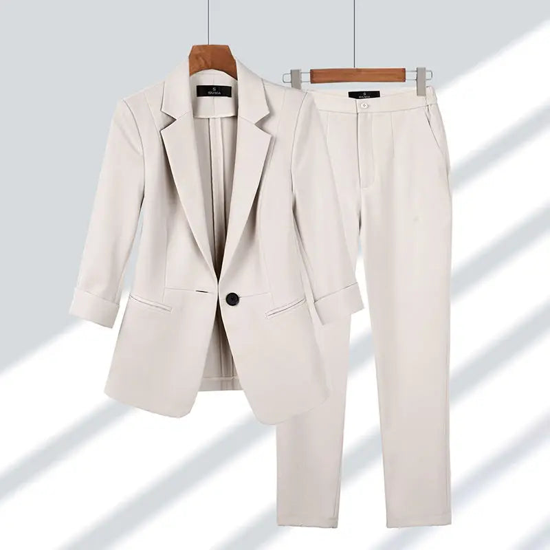 Blanka | Jasny Beżowy Garnitur Damski ze Spodniami Prosty Krój