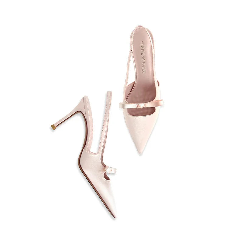Liliana | Różowe Satinowe Szpilki Slingback z Kokardą