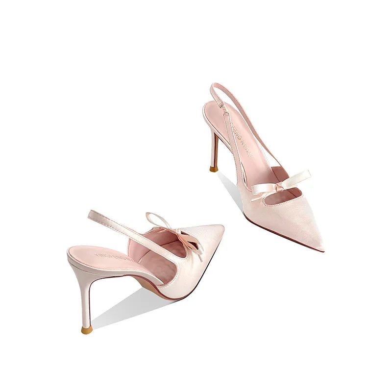 Liliana | Różowe Satinowe Szpilki Slingback z Kokardą