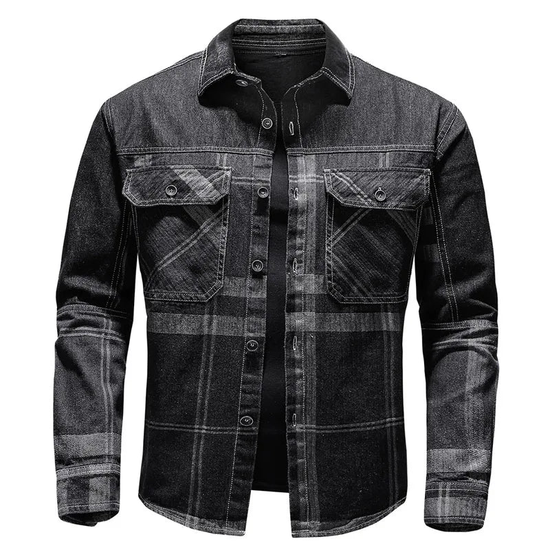 Tomasz | Męska Koszula Dżinsowa w Kratę Długi Rękaw