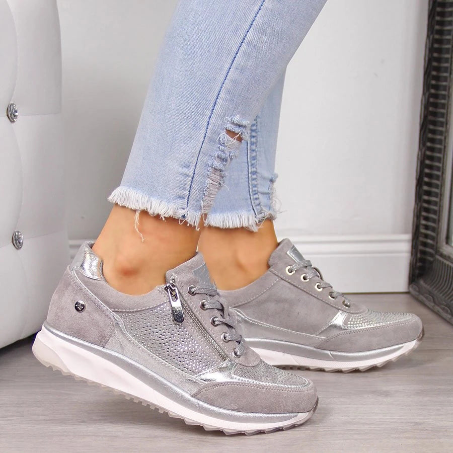 Jagoda | Srebrne Sneakersy Zamszowe na Grubej Podeszwie