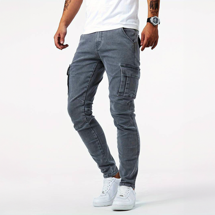 Adam | Dopasowane Spodnie Cargo Denim Szary