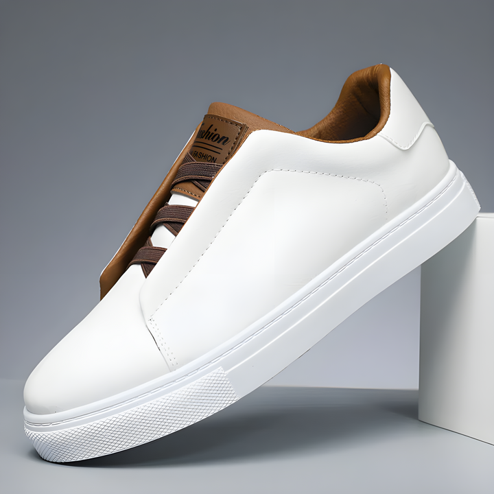Marcel | Białe Skórzane Sneakersy Męskie Brązowe Sznurówki