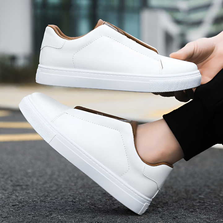 Kamil | Skórzane Białe Sneakersy Męskie Brązowe Sznurówki
