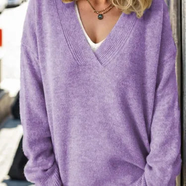 Katarzyna | Lawendowy Sweter V-Neck Oversized Długi Rękaw