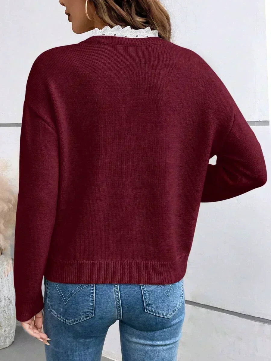 Oliwia | Swetry Damskie V-Neck z Koronką Długi Rękaw